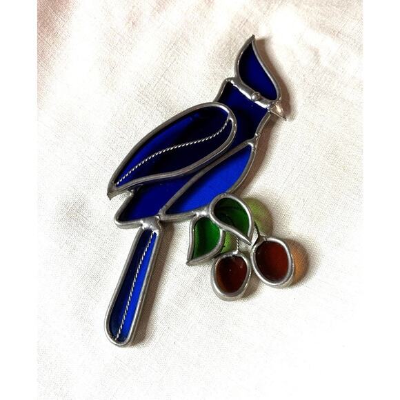 Vintage Stained Glass Blue Bird Suncatcher Cobalt Blue Green Leaves 6x3 - Picture 2 of 9